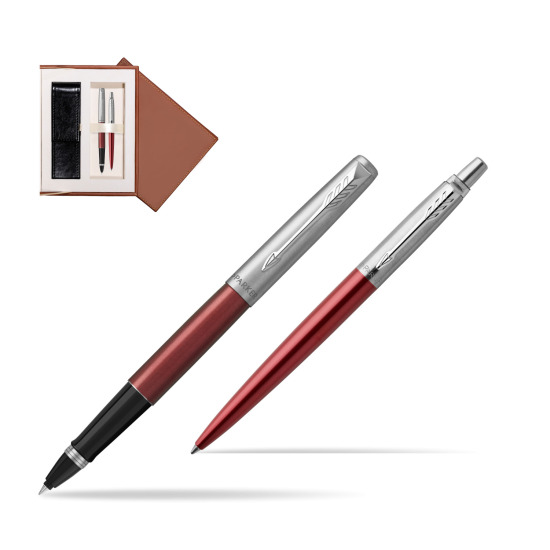 Parker Jotter Kensington Red CT Rollerball Pen + Ballpoint Pen in a Gift Box in suede box brown
