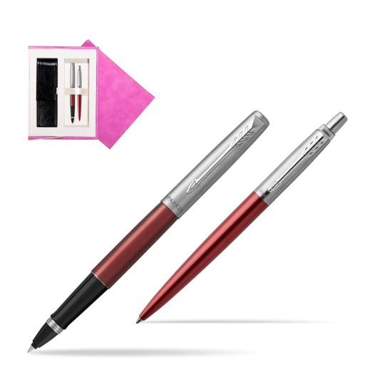 Parker Jotter Kensington Red CT Rollerball Pen + Ballpoint Pen in a Gift Box in suede box fuchsia