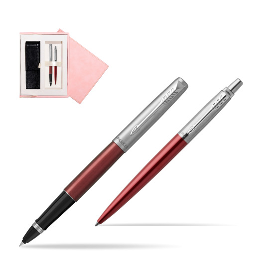 Parker Jotter Kensington Red CT Rollerball Pen + Ballpoint Pen in a Gift Box in suede box pink