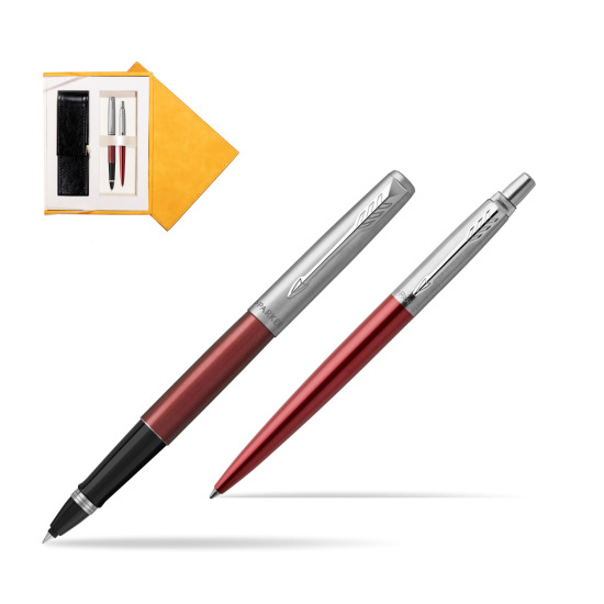 Parker Jotter Kensington Red CT Rollerball Pen + Ballpoint Pen in a Gift Box in suede box yellow