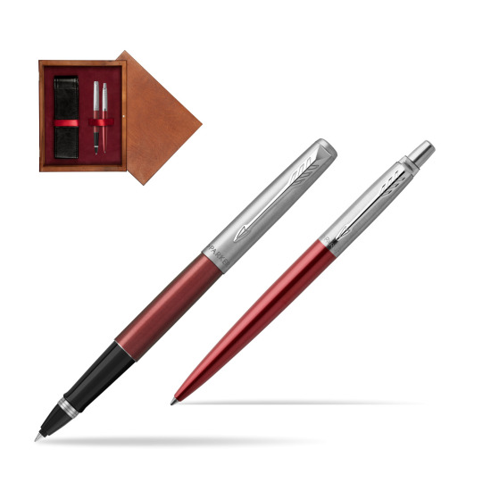 Parker Jotter Kensington Red CT Rollerball Pen + Ballpoint Pen in a Gift Box in double wooden box Mahogany Double Maroon