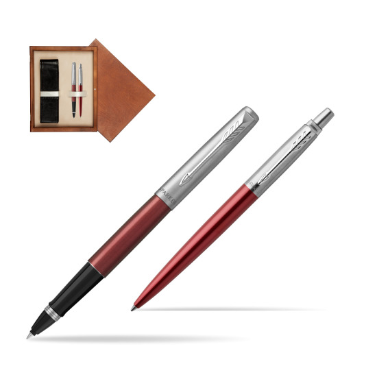Parker Jotter Kensington Red CT Rollerball Pen + Ballpoint Pen in a Gift Box in double wooden box Mahogany Double Ecru