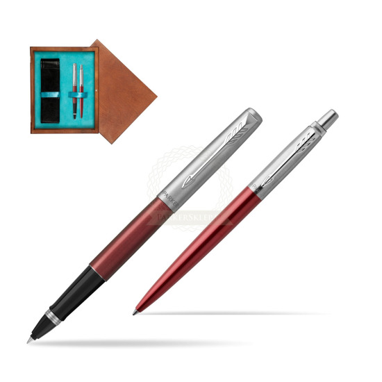 Parker Jotter Kensington Red CT Rollerball Pen + Ballpoint Pen in a Gift Box in double wooden box Mahogany Double Turquoise 