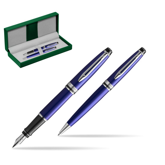 Waterman Expert Navy Blue CT Stylo-plume + Waterman Expert Navy Blue Stylo à bille en coffret cadeau in the green leather box
