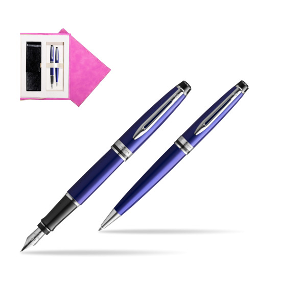 Waterman Expert Navy Blue CT Penna Stilografica + Waterman Expert Navy Blue Penna a Sfera in confezione regalo in suede box fuchsia