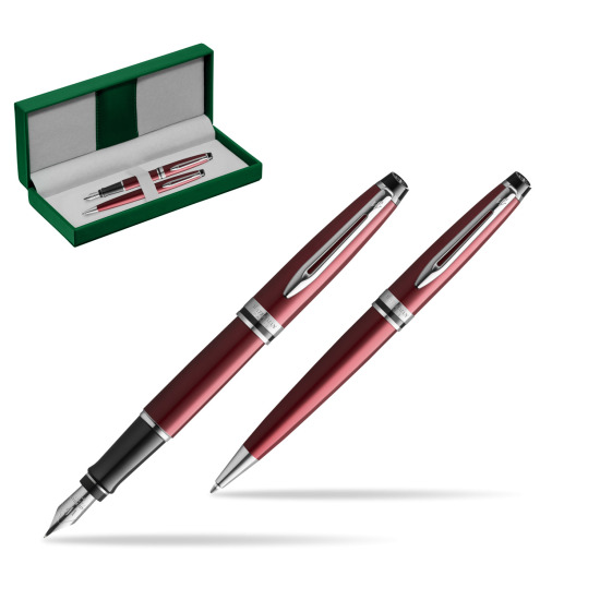 Waterman Expert Dark Red CT Stylo-plume + Waterman Expert Dark Red Stylo à bille en coffret cadeau in the green leather box