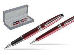 Waterman Expert Dark Red CT Penna Stilografica + Waterman Expert Dark Red Penna a Sfera in confezione regalo in suede box grey