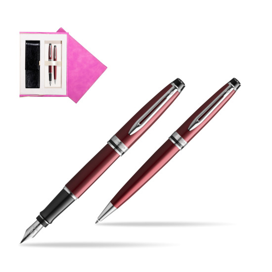 Waterman Expert Dark Red CT Penna Stilografica + Waterman Expert Dark Red Penna a Sfera in confezione regalo in suede box fuchsia