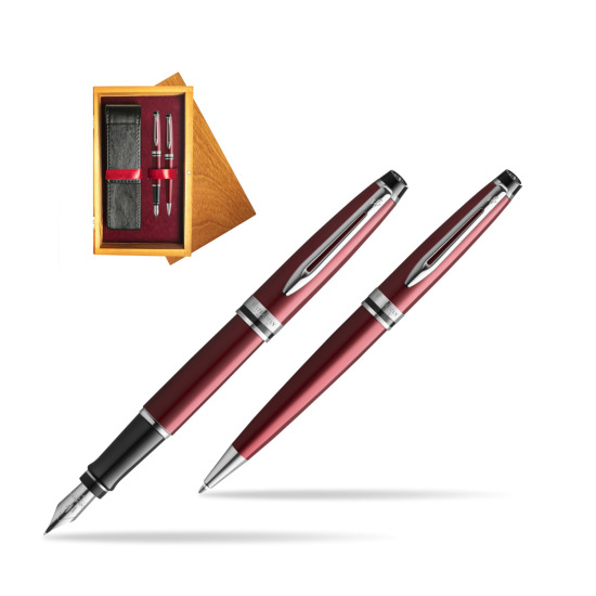 Waterman Expert Dark Red CT Penna Stilografica + Waterman Expert Dark Red Penna a Sfera in confezione regalo in double wooden box Honey Double Maroon