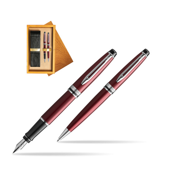 Waterman Expert Dark Red CT Penna Stilografica + Waterman Expert Dark Red Penna a Sfera in confezione regalo in double wooden box Honey Double Ecru