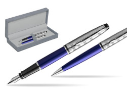 Waterman Expert DeLuxe Navy Blue Ct Penna Stilografica + Waterman Expert DeLuxe Navy Blue CT Penna a Sfera in confezione regalo in suede box grey