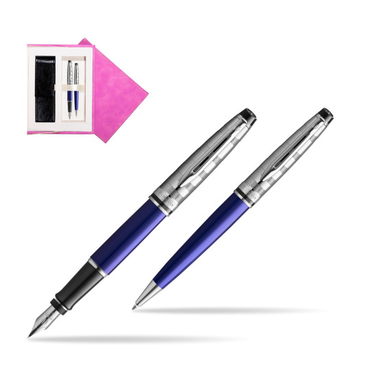 Waterman Expert DeLuxe Navy Blue Ct Penna Stilografica + Waterman Expert DeLuxe Navy Blue CT Penna a Sfera in confezione regalo in suede box fuchsia