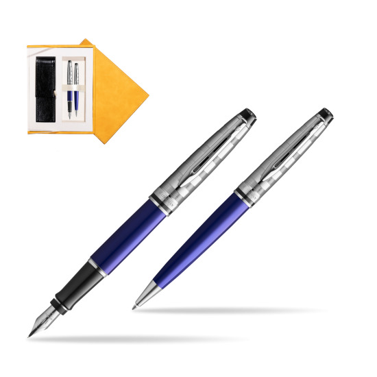 Waterman Expert DeLuxe Navy Blue Ct Penna Stilografica + Waterman Expert DeLuxe Navy Blue CT Penna a Sfera in confezione regalo in suede box yellow