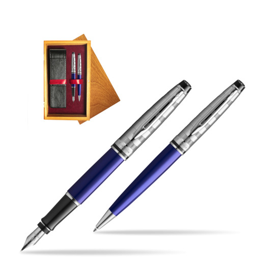 Waterman Expert DeLuxe Navy Blue Ct Penna Stilografica + Waterman Expert DeLuxe Navy Blue CT Penna a Sfera in confezione regalo in double wooden box Honey Double Maroon