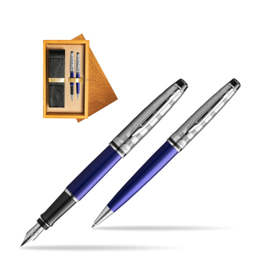 Waterman Expert DeLuxe Navy Blue Ct Penna Stilografica + Waterman Expert DeLuxe Navy Blue CT Penna a Sfera in confezione regalo in double wooden box Honey Double Ecru