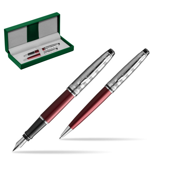 Waterman Expert DeLuxe Dark Red CT Stylo-plume + Waterman Expert DeLuxe Dark Red CT Stylo à bille en coffret cadeau in the green leather box