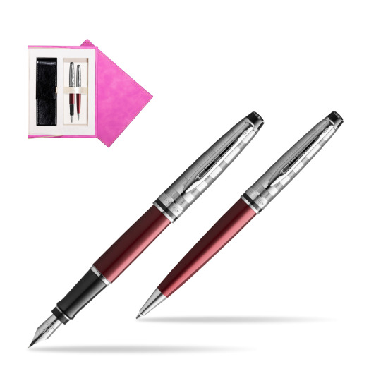 Waterman Expert DeLuxe Dark Red CT Penna Stilografica + Waterman Expert DeLuxe Dark Red CT Penna a Sfera in confezione regalo in suede box fuchsia