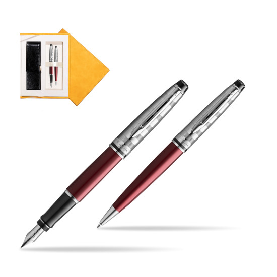 Waterman Expert DeLuxe Dark Red CT Penna Stilografica + Waterman Expert DeLuxe Dark Red CT Penna a Sfera in confezione regalo in suede box yellow