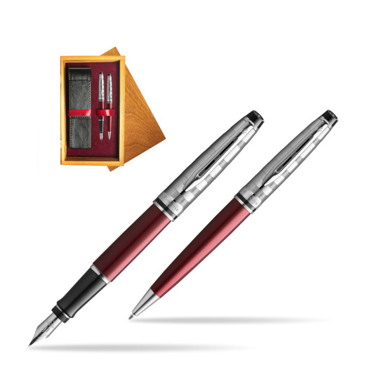 Waterman Expert DeLuxe Dark Red CT Penna Stilografica + Waterman Expert DeLuxe Dark Red CT Penna a Sfera in confezione regalo in double wooden box Honey Double Maroon