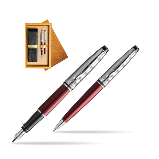 Waterman Expert DeLuxe Dark Red CT Penna Stilografica + Waterman Expert DeLuxe Dark Red CT Penna a Sfera in confezione regalo in double wooden box Honey Double Ecru