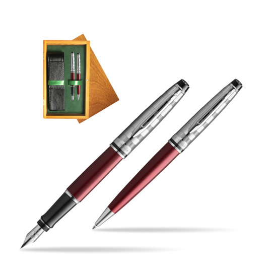 Waterman Expert DeLuxe Dark Red CT Penna Stilografica + Waterman Expert DeLuxe Dark Red CT Penna a Sfera in confezione regalo in double wooden box Honey Green