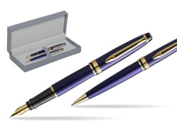 Waterman Expert Navy Blue GT Gold Nib 18k Penna Stilografica + Waterman Expert Navy Blue GT Penna a Sfera in gift box in suede box grey