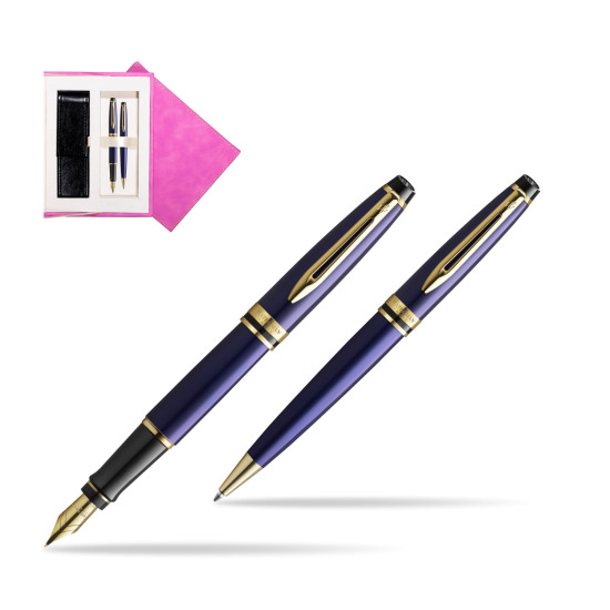 Waterman Expert Navy Blue GT Gold Nib 18k Penna Stilografica + Waterman Expert Navy Blue GT Penna a Sfera in gift box in suede box fuchsia