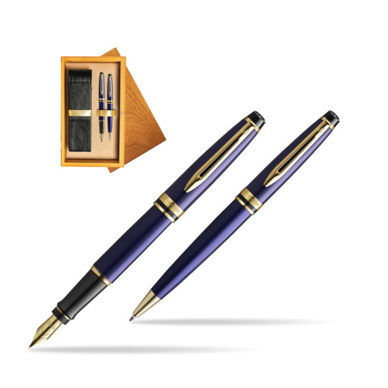 Waterman Expert Navy Blue GT Gold Nib 18k Penna Stilografica + Waterman Expert Navy Blue GT Penna a Sfera in gift box in double wooden box Honey Double Ecru