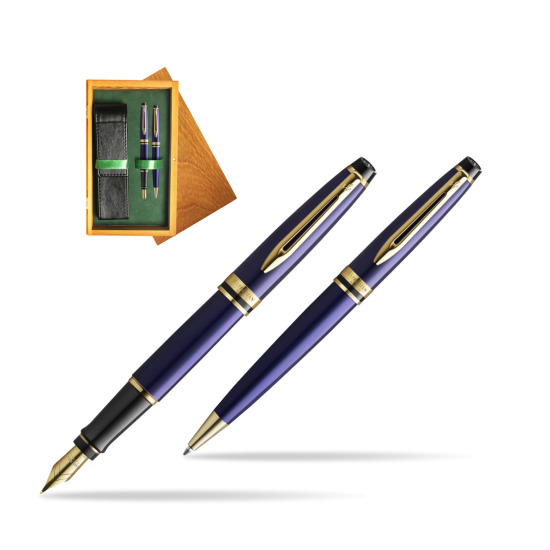 Waterman Expert Navy Blue GT Gold Nib 18k Penna Stilografica + Waterman Expert Navy Blue GT Penna a Sfera in gift box in double wooden box Honey Green