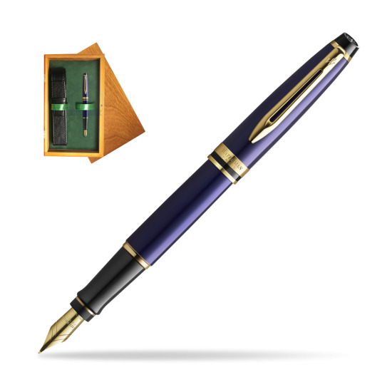 Waterman Penna Stilografica Expert Navy Blue GT Gold Nib 18k in single wooden box Honey Single Green