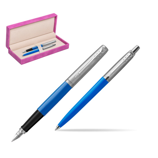 Parker Jotter Originals Blue CT Fountain Pen + Ballpoint Pen in a Gift Box in suede box fuchsia