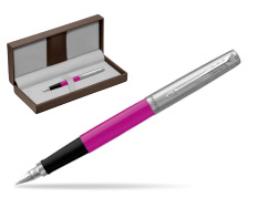 Parker Jotter Originals Magenta  CT Fountain Pen in the brown leather box