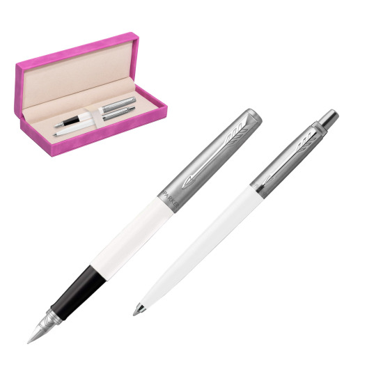 Parker Jotter Originals White CT Fountain Pen + Ballpoint Pen in a Gift Box in suede box fuchsia