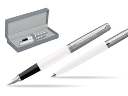Parker Jotter Originals White CT Fountain Pen + Ballpoint Pen in a Gift Box in suede box grey