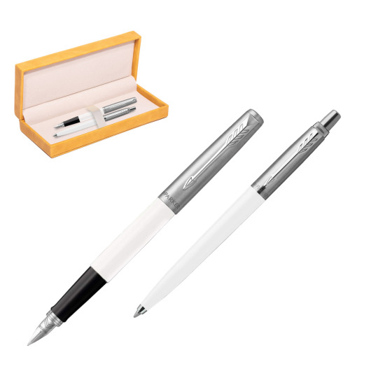 Parker Jotter Originals White CT Fountain Pen + Ballpoint Pen in a Gift Box in suede box yellow