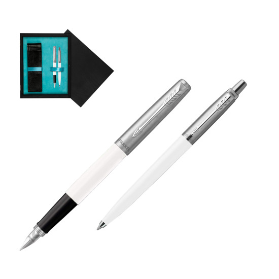 Parker Jotter Originals White CT Fountain Pen + Ballpoint Pen in a Gift Box in double wooden box Black Double Turquoise