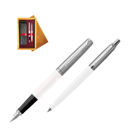 Parker Jotter Originals White CT Fountain Pen + Ballpoint Pen in a Gift Box in double wooden box Honey Double Maroon