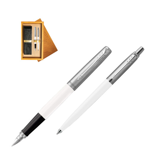 Parker Jotter Originals White CT Fountain Pen + Ballpoint Pen in a Gift Box in double wooden box Honey Double Ecru