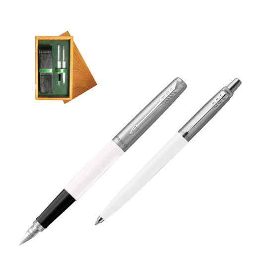 Parker Jotter Originals White CT Fountain Pen + Ballpoint Pen in a Gift Box in double wooden box Honey Green