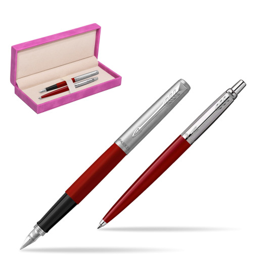 Parker Jotter Originals Red CT Fountain Pen + Ballpoint Pen in a Gift Box in suede box fuchsia