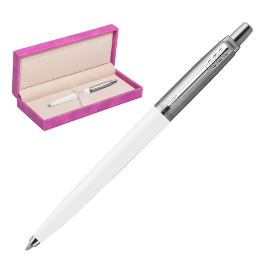 Parker Jotter Originals White Ballpoint Pen in suede box fuchsia