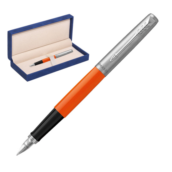 Parker Jotter Originals Orange Fountain Pen in suede box navy blue