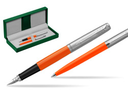 Parker Jotter Originals Orange CT Stylo-plume + Stylo-bille in a Gift Box in the green leather box