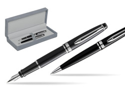 Waterman Expert Black CT Gold Nib 18k Penna Stilografica + Waterman Expert Black CT Penna a Sfera in gift box in suede box grey