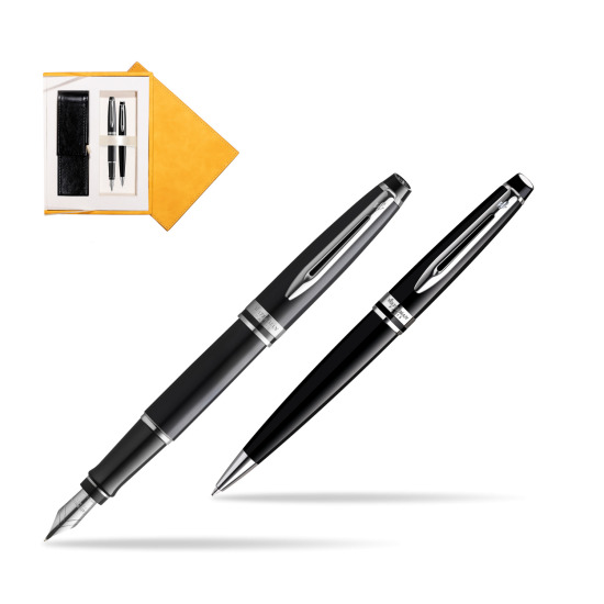 Waterman Expert Black CT Gold Nib 18k Penna Stilografica + Waterman Expert Black CT Penna a Sfera in gift box in suede box yellow