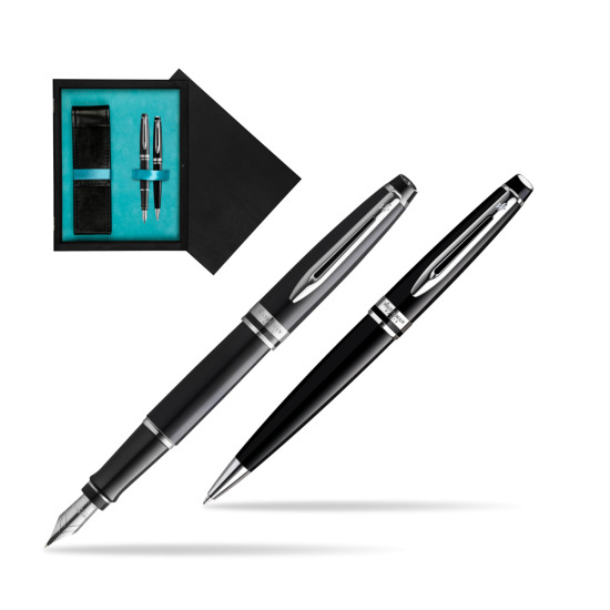 Waterman Expert Black CT Gold Nib 18k Penna Stilografica + Waterman Expert Black CT Penna a Sfera in gift box in double wooden box Black Double Turquoise