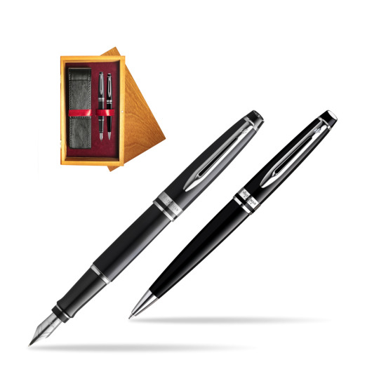 Waterman Expert Black CT Gold Nib 18k Penna Stilografica + Waterman Expert Black CT Penna a Sfera in gift box in double wooden box Honey Double Maroon