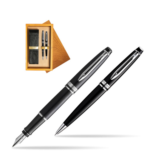 Waterman Expert Black CT Gold Nib 18k Penna Stilografica + Waterman Expert Black CT Penna a Sfera in gift box in double wooden box Honey Double Ecru