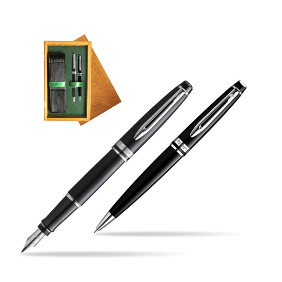 Waterman Expert Black CT Gold Nib 18k Penna Stilografica + Waterman Expert Black CT Penna a Sfera in gift box in double wooden box Honey Green