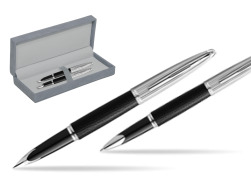 Waterman Carene Leather Black CT Penna Stilografica + Waterman Carene Leather Black CT RollerPenna a Sfera in gift box in suede box grey
